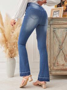 SHEIN LUNE High Waist Flared Jeans With Distressed Design - Medium Wash - View 2