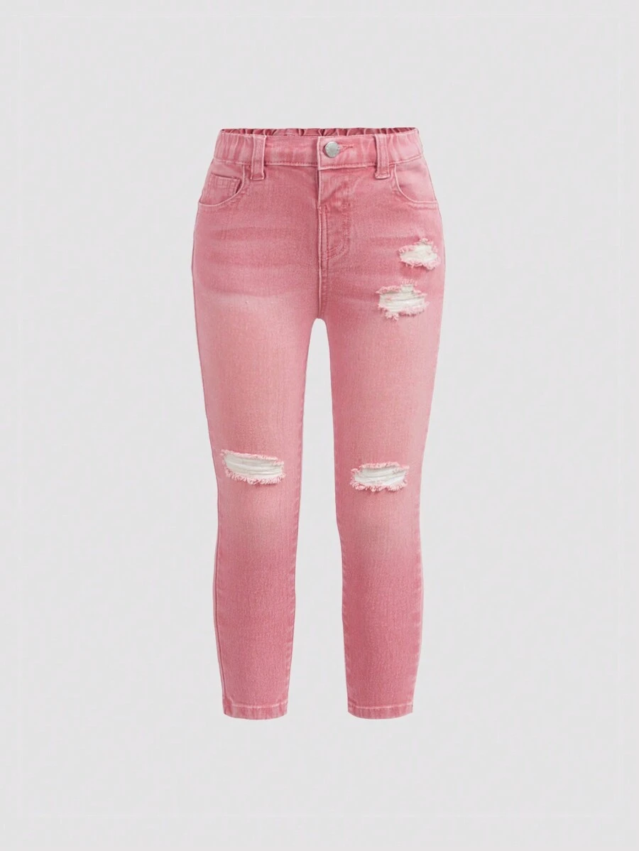 SHEIN Young Girl Ripped Jeans - Pink - View 1