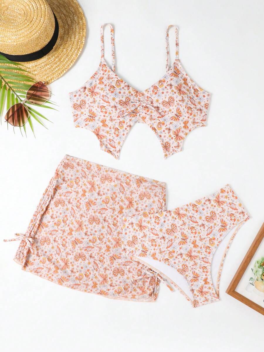 Conjunto De Bikini Con Estampado De Mariposas Para Niñas Adolescentes Para Vacaciones - Multicolor - Ver 1