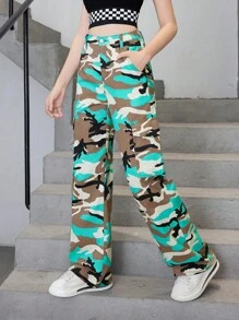 SHEIN Teen Girls' Casual Fashionable Vintage Style Camouflage Denim Straight Leg Pants - Brown - View 3