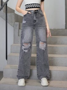 Thiếu niên Cô gái Mới Giải trí Đúng mốt Quần legging thẳng Với Đau khổ Chi tiết - Màu Xám nhạt - Xem 1