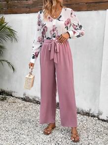 SHEIN VCAY Conjunto De Dos Piezas De Camisa Con Estampado Floral Y Pantalón Con Cinturón Para Mujer - Multicolor - Ver 6