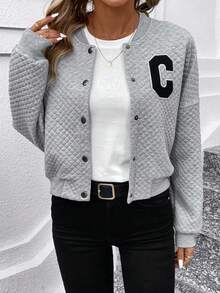 SHEIN LUNE Của phụ nữ Kim cương Textured Áo khoác Với Lá thư - Xám - Xem 3