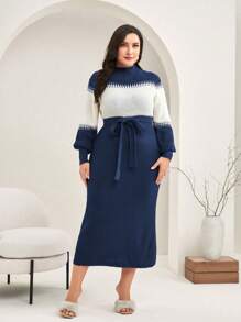 Mulvari 女士加大尺碼色塊長袖連衣裙,腰帶設計 - 寶藍色 - 查看 4