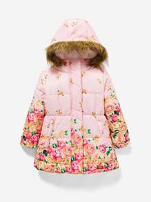 SHEIN Little Girl's Floral Printed Furry Hat Padded Coat