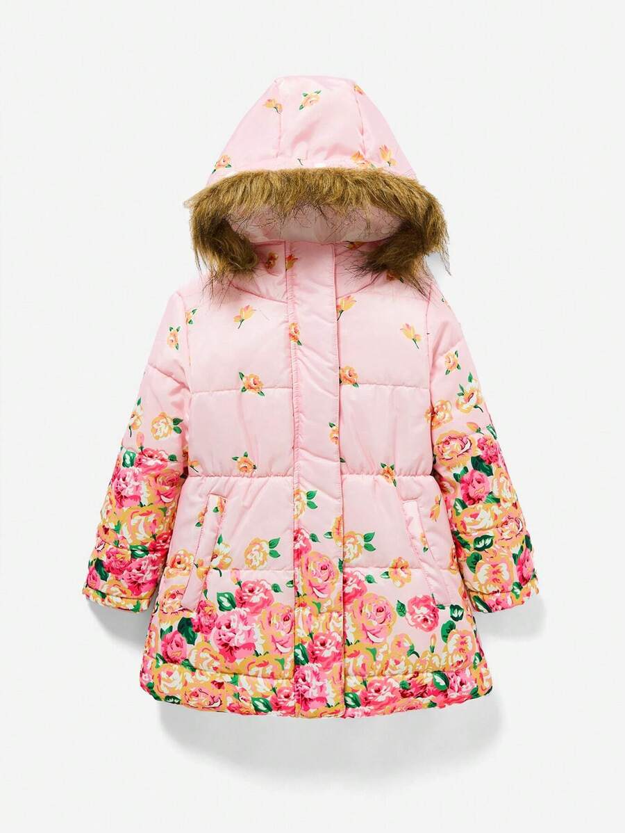 SHEIN Little Girl's Floral Printed Furry Hat Padded Coat