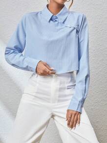 SHEIN Essnce Women's Blue And White Striped Collared Shirt - Blue and White - View 1