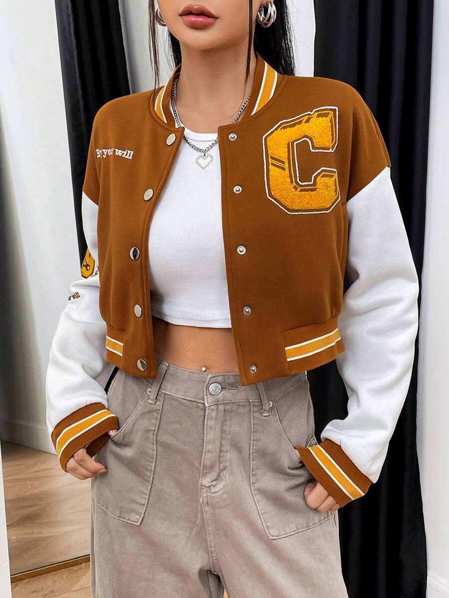 SHEIN Unity 女式字母刺绣拼色棒球夹克 - 彩色 - 查看 1
