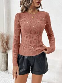 SHEIN Clasi Của phụ nữ Trân châu Và Kim cương Nghệ Embellished Áo len Với Dợn sóng Thiết kế - Bụi hồng - Xem 3