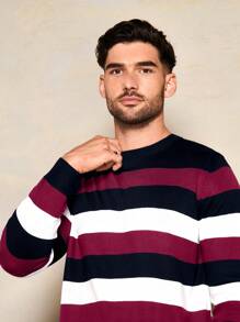 SHEIN Cottnline Men's Simple Striped Color Block Round Neck Sweater - Burgundy - View 6