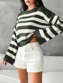 RueChic Sọc Tay áo chuông Áo len - xanh quân đội - Xem 5