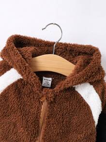 Baby Cool Plush Patchwork Hooded Jacket - Coffee Brown - View 3