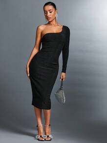 SHEIN BAE Women's Thanksgiving & Christmas Party Hollow Out Simple Design Charming & Elegant One-shoulder Dress - Black - View 6