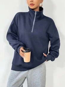 SHEIN Unity 純色下垂肩絨布運動衫 - 藏蓝色 - 查看 5