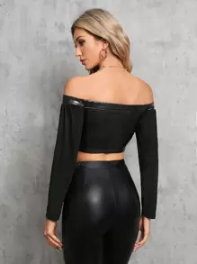 SHEIN Tall Blusa in pelle PU con spalle scoperte e orlo asimmetrico - nero - Visualizzare 2