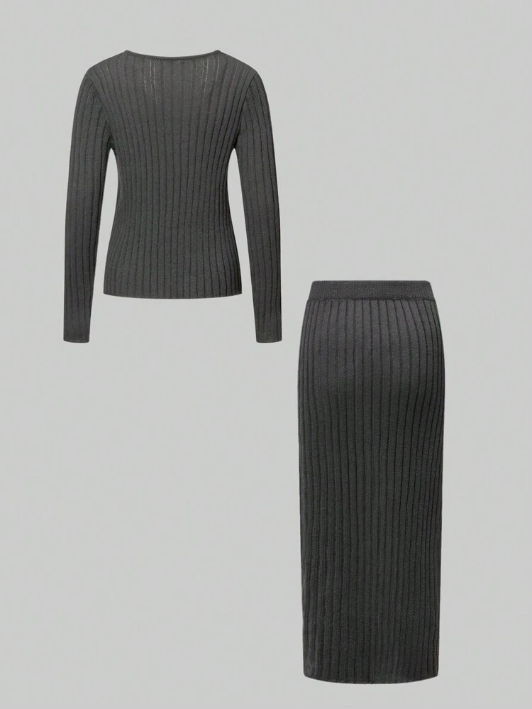Solid Ribbed Knit Sweater & Split Thigh Knit Skirt