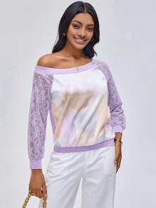 MCiro Designer Batik Kontrast Spitze Raglanärmel Oberteil, für Urlaub, Ausflug, Frühling, Ausgehen, Festival, Ibiza Passform