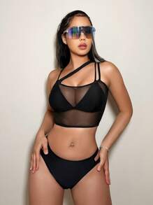 Conjunto de bikini de copa triangular de color liso con cubridor, 3 piezas/set, playa de verano - Negro - Ver 1