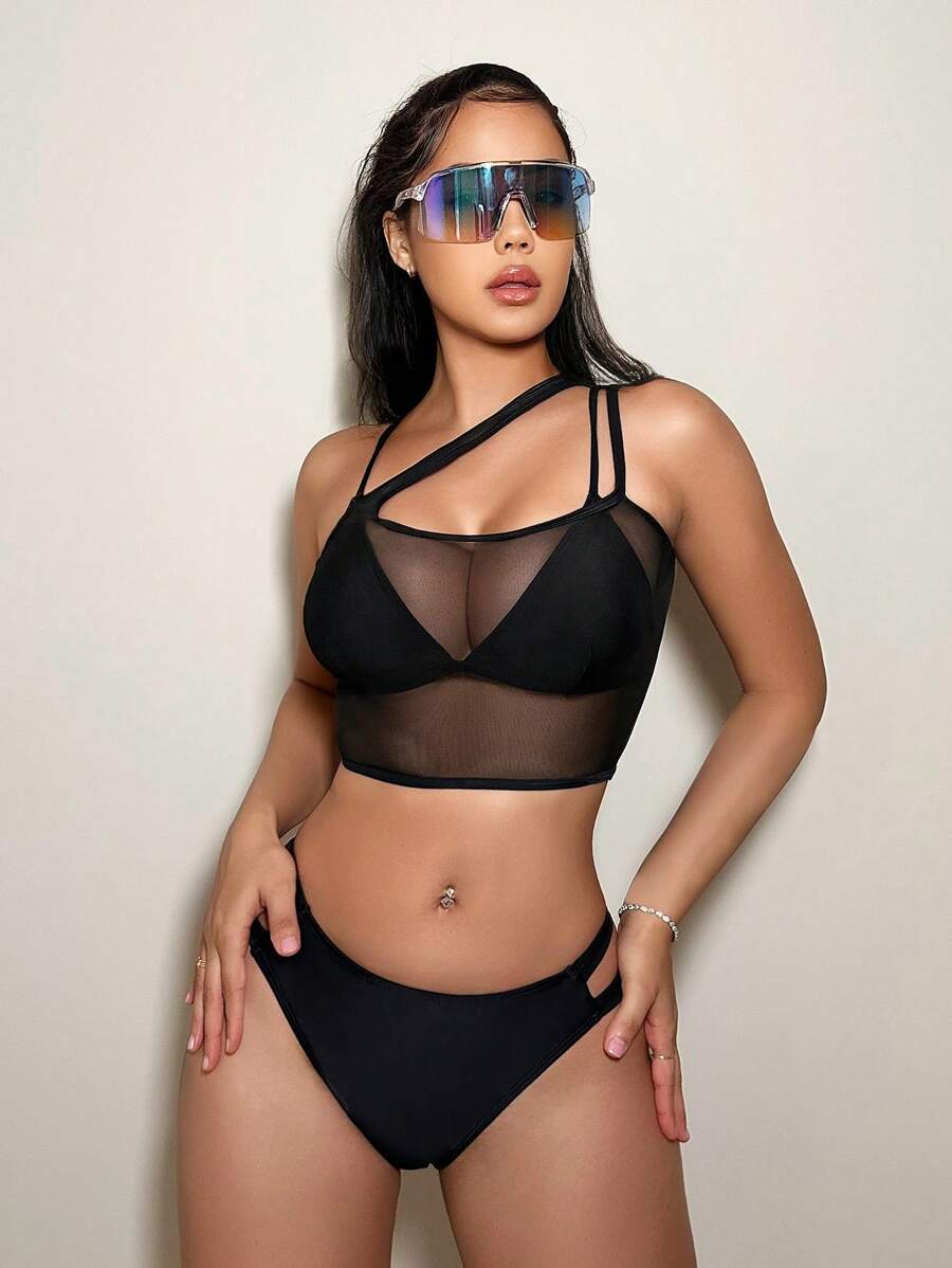 Conjunto de bikini de copa triangular de color liso con cubridor, 3 piezas/set, playa de verano - Negro - Ver 1