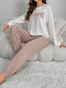 Letter Graphic Drop Shoulder Lounge Set - Khaki - View 3