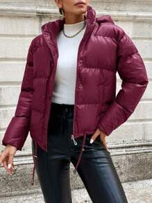 EURMUSE Drawstring Hem Hooded Puffer Coat - Hot Pink - View 1