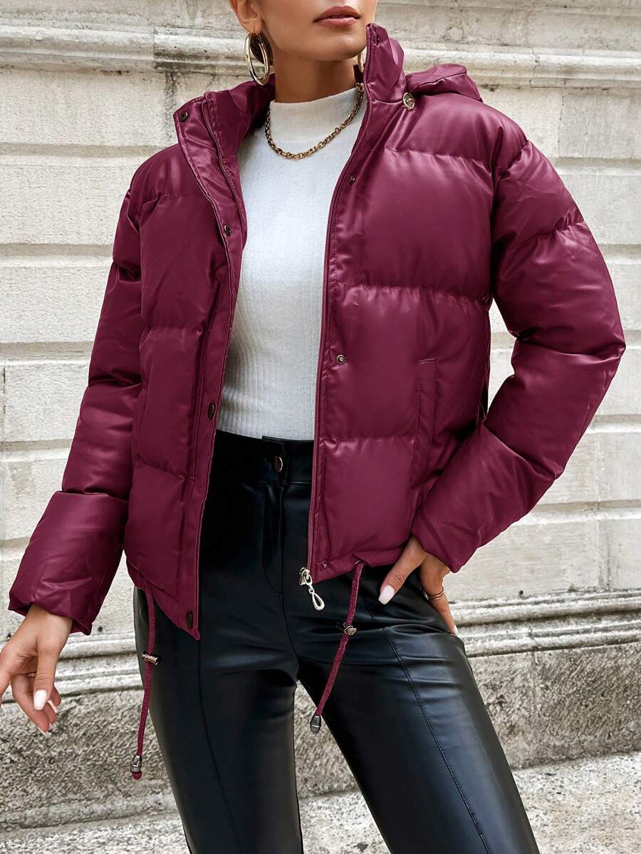 EURMUSE Drawstring Hem Hooded Puffer Coat - Hot Pink - View 1