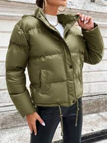 EURMUSE Drawstring Hem Hooded PU Puffer Coat - Khaki - View 3