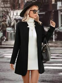 SHEIN Clasi Women's Collarless Open-front Woolen Coat - Black - View 3