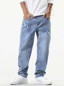 Manfinity EZcore 男士斜口口袋破洞直筒牛仔褲，寬鬆洗水光面藍色連帽衫街頭穿搭調韻