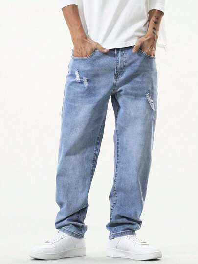 Manfinity EZcore 男士斜口口袋破洞直筒牛仔褲，寬鬆洗水光面藍色連帽衫街頭穿搭調韻