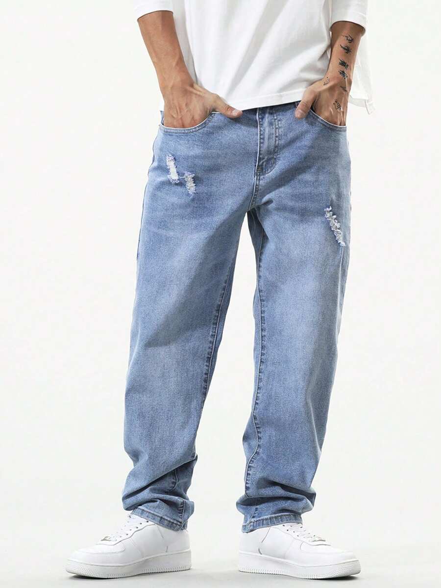Manfinity EZcore 男士斜口口袋破洞直筒牛仔褲，寬鬆洗水光面藍色連帽衫街頭穿搭調韻