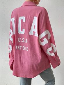 SHEIN Essnce Letter Print Drop Shoulder Long Sleeve Shirt - Pink - View 2