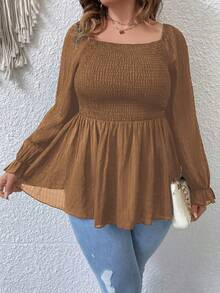 SHEIN LUNE Hơn Cổ vuông tay áo lá sen Áo sơ mi Peplum - Màu Khaki - Xem 5