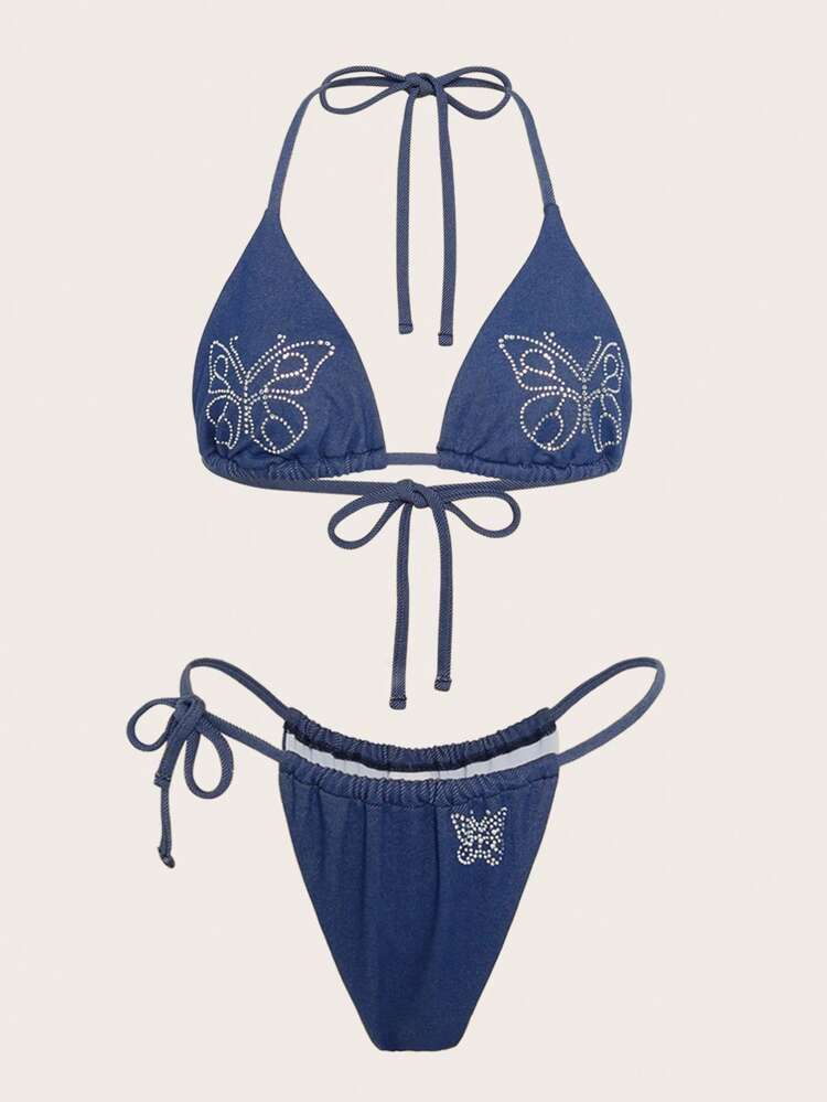 Summer Side-Tie Bikini Set With Rhinestone Butterfly Design