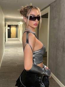 SHEIN ICON Metallic Hollow Out Tight-fitting T-shirt With Unique Shape - Black - View 5