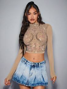 SHEIN BAE Women's Solid Color Body Perm Rhinestone Decorated See-Through Tight T-Shirt