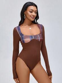 CHEYENNE SAHARA Body con espalda abierta con estampado de cuadros de diseñador, para vacaciones, primavera, playa, festival, Ibiza - Marrón - Ver 6