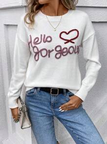 SHEIN LUNE Heart & Slogan Pattern Drop Shoulder Sweater - White - View 3