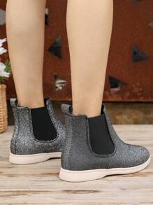 Women's Elegant Chelsea Boots, Fall/winter, Thin Plush Lining, Elastic Design, Flat Sole, Shiny Look, Ankle Boots