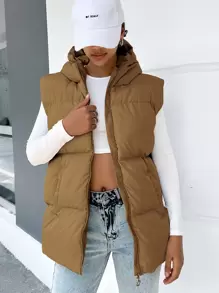 EURMUSE Zip Up Hooded Vest Padded Coat - Camel - View 1