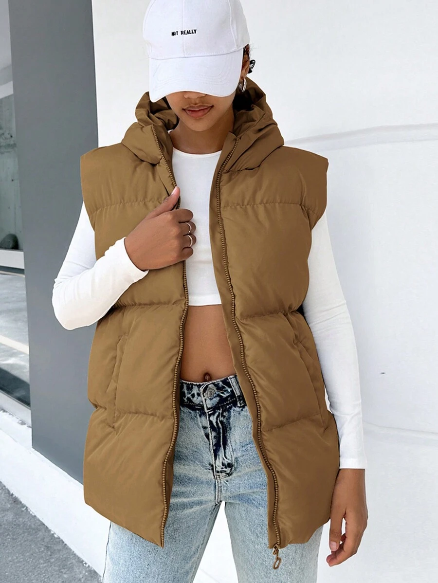 EURMUSE Zip Up Hooded Vest Padded Coat - Camel - View 1