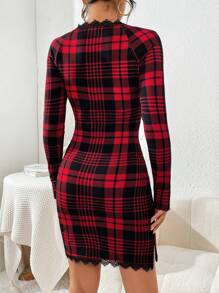 SHEIN Privé Plaid Print Lace Trim Bodycon Dress - Red - View 2