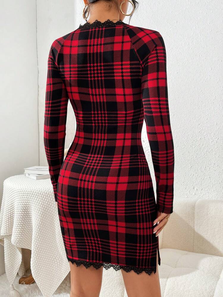 Plaid Print Lace Trim Bodycon Dress