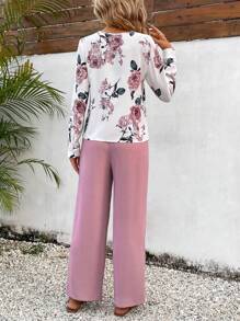 SHEIN VCAY Conjunto De Dos Piezas De Camisa Con Estampado Floral Y Pantalón Con Cinturón Para Mujer - Multicolor - Ver 3