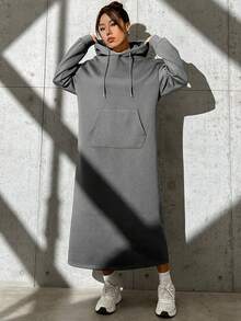 Muchica Hooded Drawstring Sweatshirt Dress - Grey - View 6