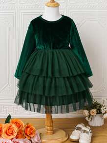 SHEIN Glamorique Kids Cô gái Vòng cổ Đầm Với Lưới Hem - màu xanh lá - Xem 2
