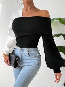 SHEIN Essnce Top De Cuello Asimétrico Con Bloques De Color Para Mujeres - Negro - Ver 3