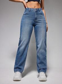 SHEIN EZwear Của phụ nữ Tầng Trung Giò thẳng Quần jean - Màu xanh lam - Xem 2