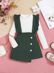 SHEIN 嬰兒女孩2入組針織高領上衣&燈芯絨背帶半身裙休閒帶荷葉邊