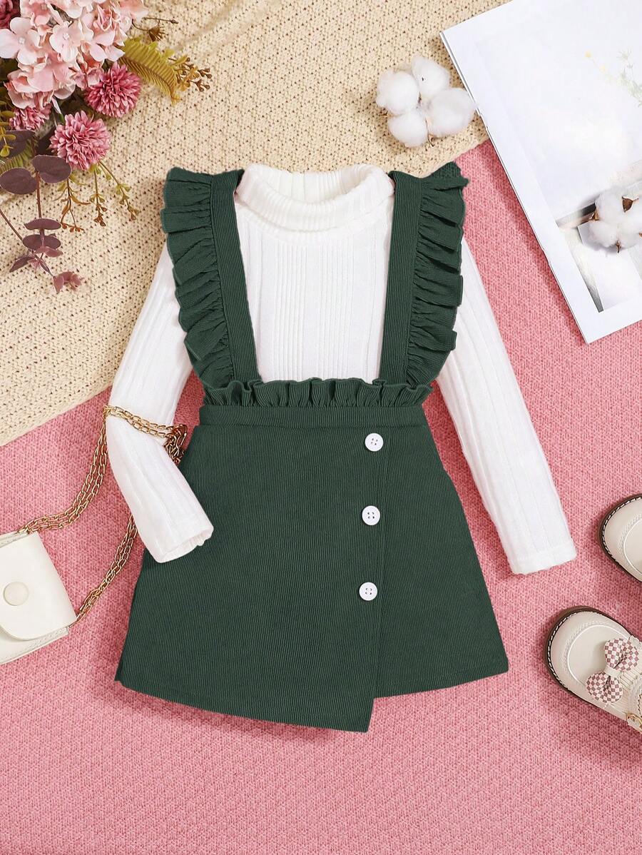 SHEIN 嬰兒女孩2入組針織高領上衣&燈芯絨背帶半身裙休閒帶荷葉邊